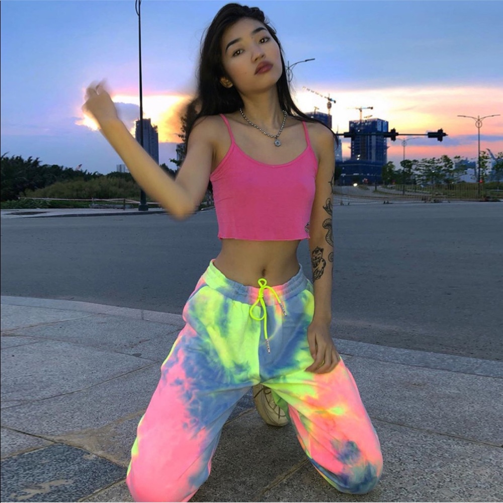 Neon pink yellow blue Tie dye joggers sweatpants - Picture 3 of 16